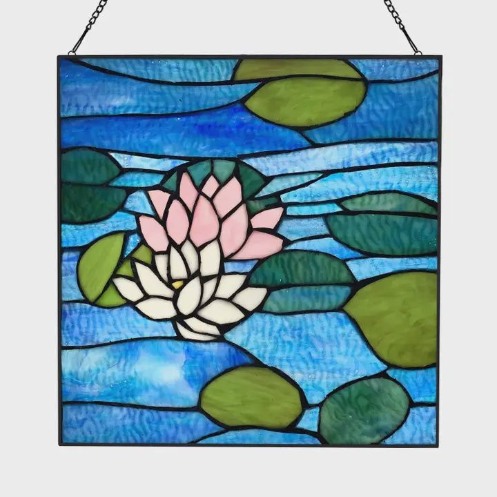 12&quot;H Blue Lotus Pond Stained Glass Window Panel