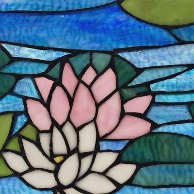 12&quot;H Blue Lotus Pond Stained Glass Window Panel