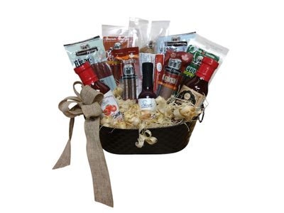 Gourmet Smoking BBQ Meat Basket with Amish meats, wild game, and natural sauces.