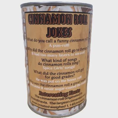 Cinnamon roll plush in sealed decorative can with label