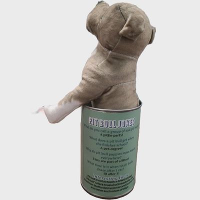 Peluche Pit Bull sortant de la conserve montrant le côté avec blagues