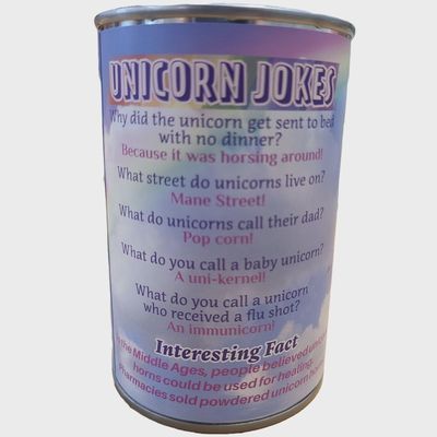 Back of canned unicorn showing jokes and fun text