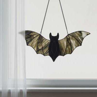 16" Black Bat Stained Glass Window Panel