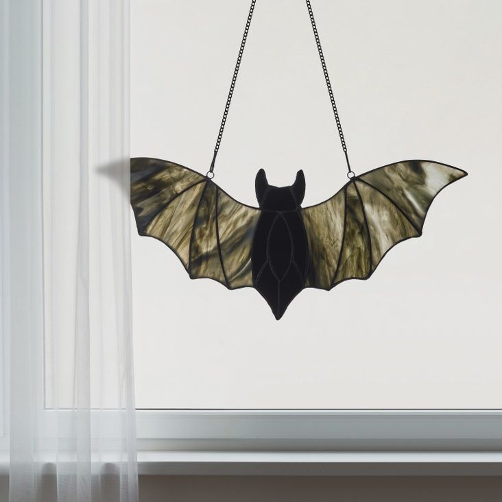 16" Black Bat Stained Glass Window Panel