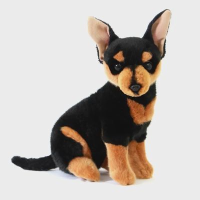 10-inch black and tan Taco Chihuahua plush toy in sitting pose with realistic details and soft fur, lifelike stuffed dog gift