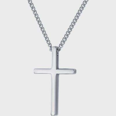 Sterling silver cross charm pendant necklace with adjustable chain on white background
