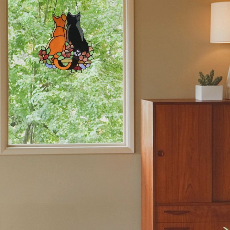 12.5" Callie Cats Orange &amp; Black Stained Glass Window Panel