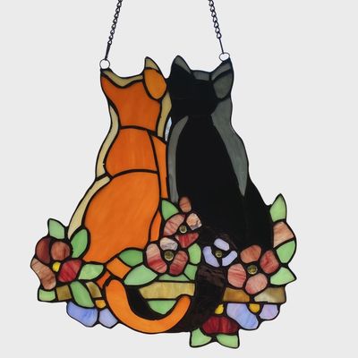 12.5&quot; Callie Cats Orange &amp; Black Stained Glass Window Panel