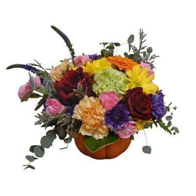 Pumpkin Spice Bouquet with roses, daisies, carnations, mums and eucalyptus in ceramic pumpkin vase
