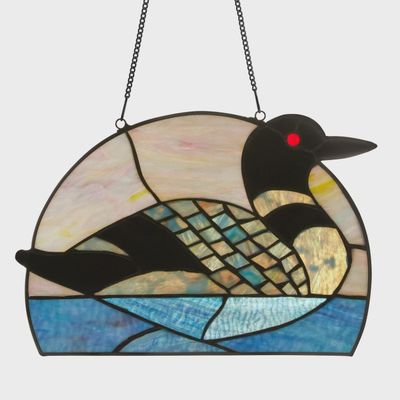 9.5"H Swimming Loon Stained Glass Window Panel