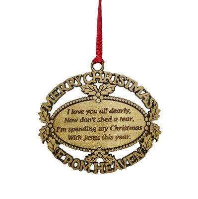 Gold pewter Merry Christmas From Heaven ornament on white background showing engraved poem

