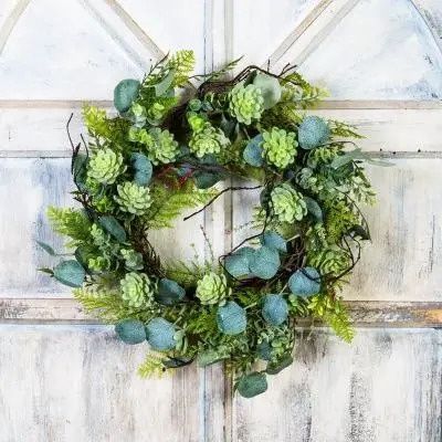 20 inch succulent wreath with artificial greenery arranged on twig base for modern home decor
