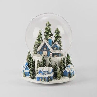 Blue House Christmas snow globe with snowman and glitter on white background