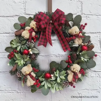 Exquisite Plaid Bow and Bears 20&quot; Christmas Wreath