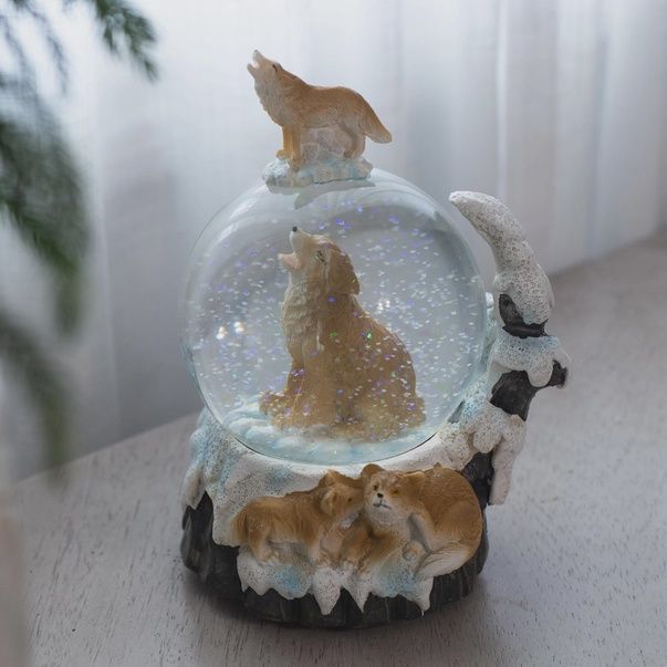 Howling Glitter Wolf with Pups Snow Globe