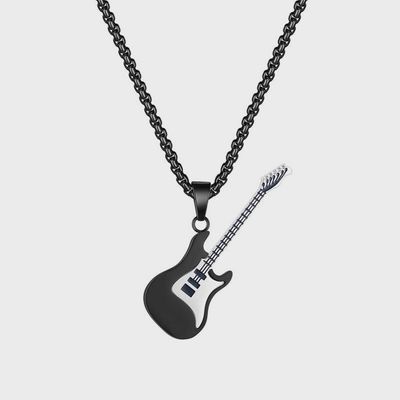 Classic Guitar Charm Pendant Necklace in Black Steel