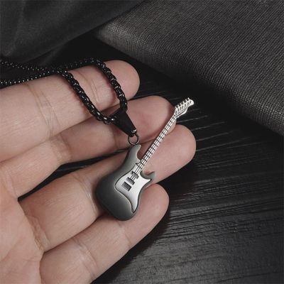 Classic Guitar Charm Pendant Necklace in Black Steel