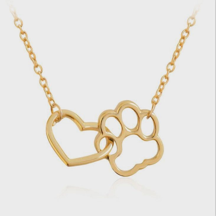 Dog Paw and Heart Necklace in Gold
