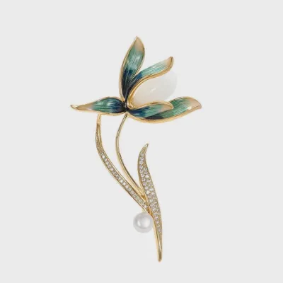 Enamel Magnolia Flower Pearl Brooch in Solid Copper
