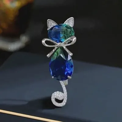 Colorful Gemstone Cat Brooch in Solid Copper