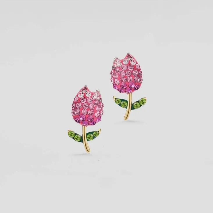 Pink Tulip Flower Stud Earrings in 925 Sterling Silver