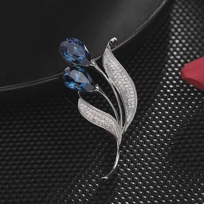 Broche Fleur de Tulipe Bleue et Argent en Cuivre Massif