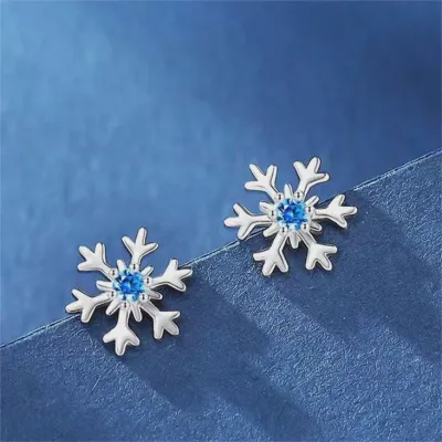 Blue Stone Snowflake Stud Earrings in 925 Sterling Silver