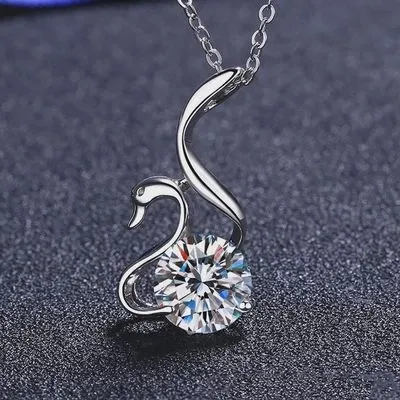 Moissanite Swan Pendant Necklace in 925 Sterling Silver &amp; Platinum