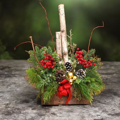 Home for the Holiday evergreen arrangement in wooden box with silk berries, birch, curly willow, pine cones and red bow
