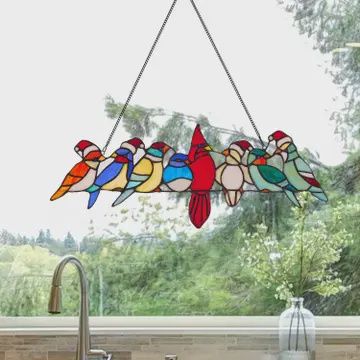 23&quot; Santa Birds On A Wire Stained Glass Window Panel
