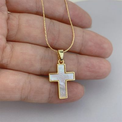 Gold Mother of Pearl Cross Pendant Necklace in Solid Copper