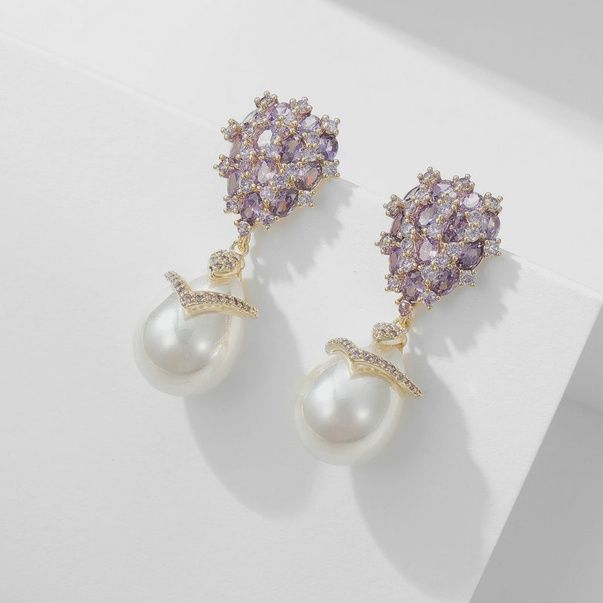 Gold Pearl Drop Wedding Statement Earrings in Purple Solid Copper