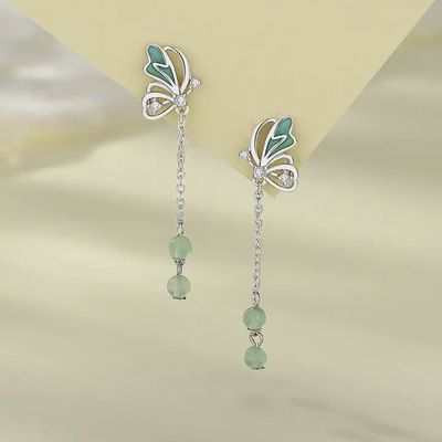 Green Butterfly Dangle Drop Earrings in 925 Sterling Silver