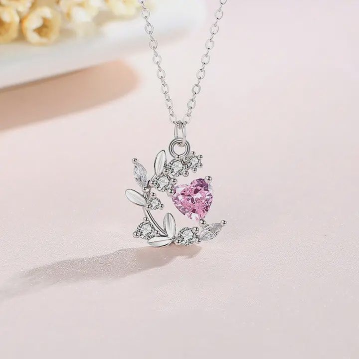 Pink Heart Flower Leaf Charm Necklace in 925 Sterling Silver