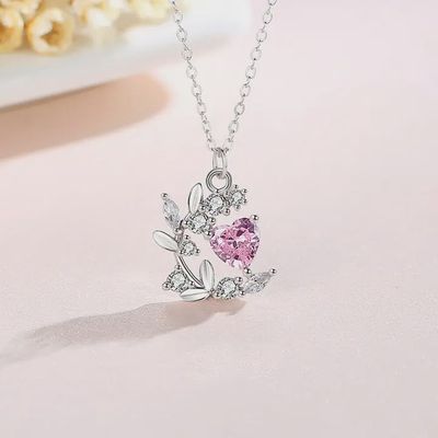 Pink Heart Flower Leaf Charm Necklace in 925 Sterling Silver