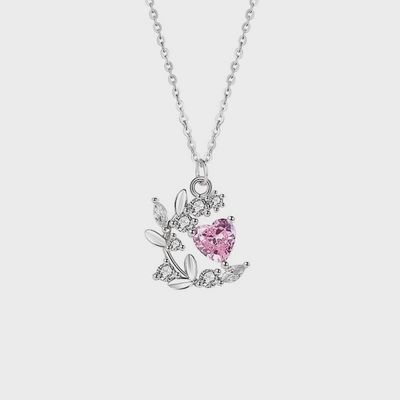 Pink Heart Flower Leaf Charm Necklace in 925 Sterling Silver