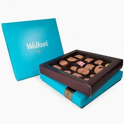 Large milk chocolate assortment box with caramels, creams, meltaways and nuts in premium gold Walkers packaging
