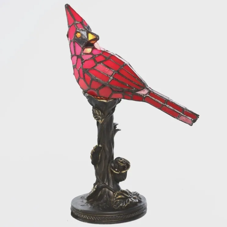 13.5"H  Red Cardinal Stained Glass Tiffany Lamp