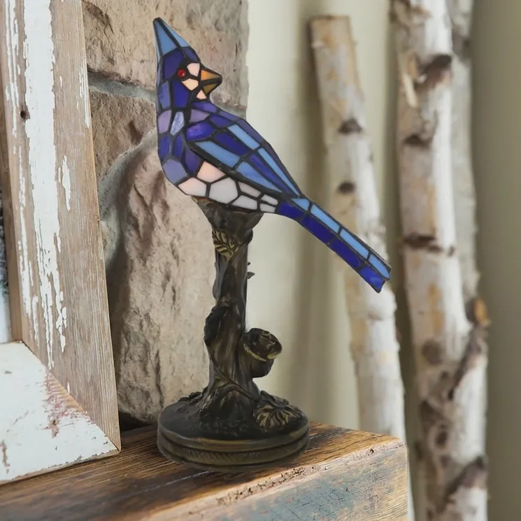 13.5"H Blue Jay Stained Glass Bird Tiffany  Lamp