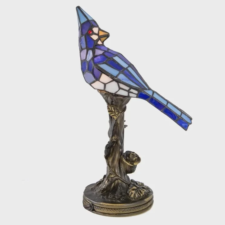 13.5"H Blue Jay Stained Glass Bird Tiffany  Lamp