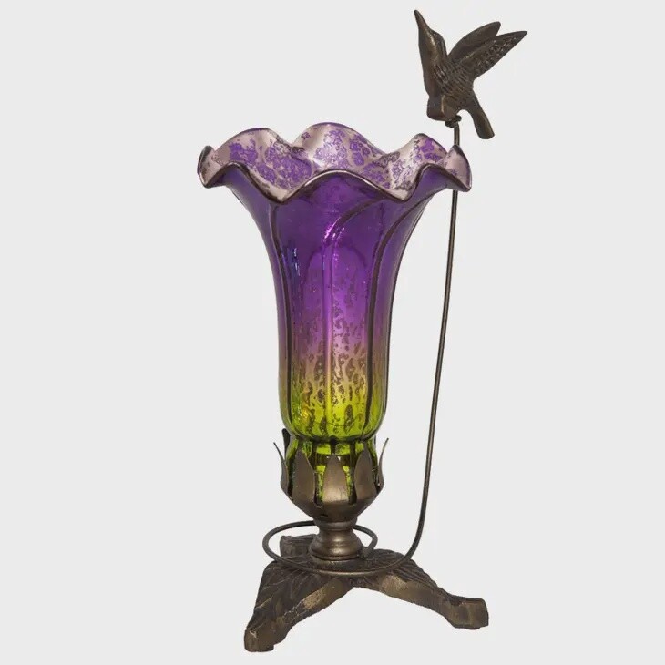 10.25"H Hand Blown Mercury Glass Hummingbird Lily Lamp