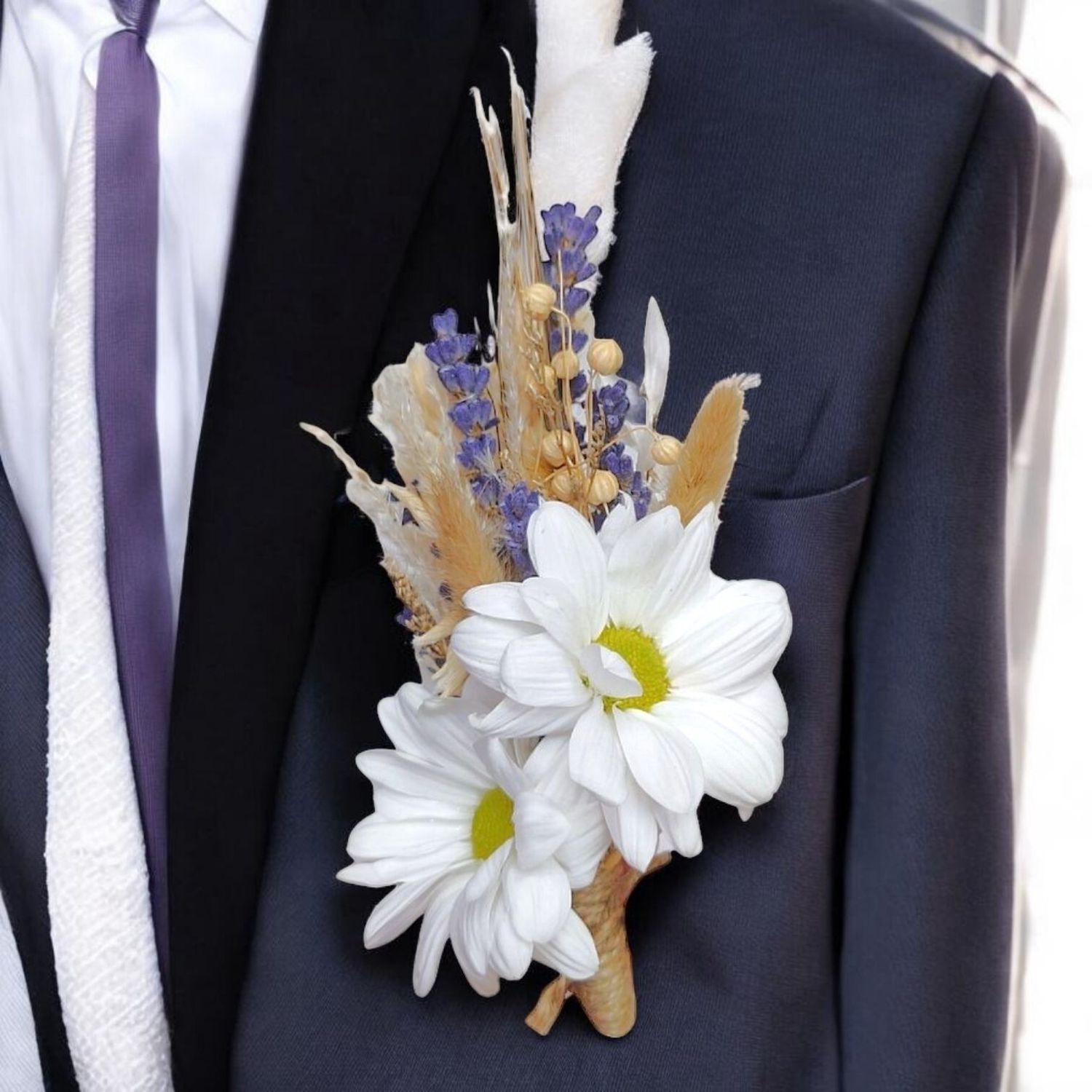 Dried Flowers and Lavender with fresh Daisies Boutonniere