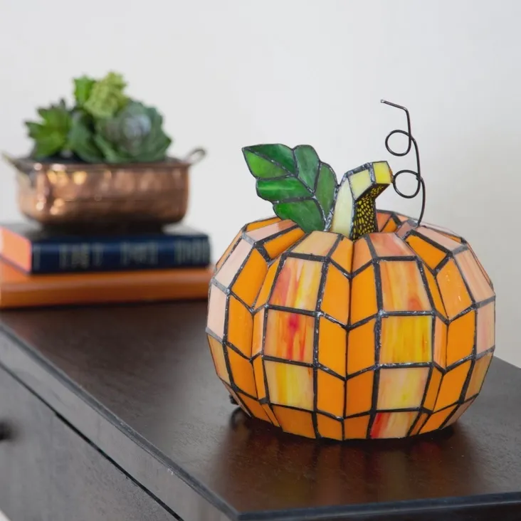Pumpkin Orange Stained Glass Accent Lamp 9"H
