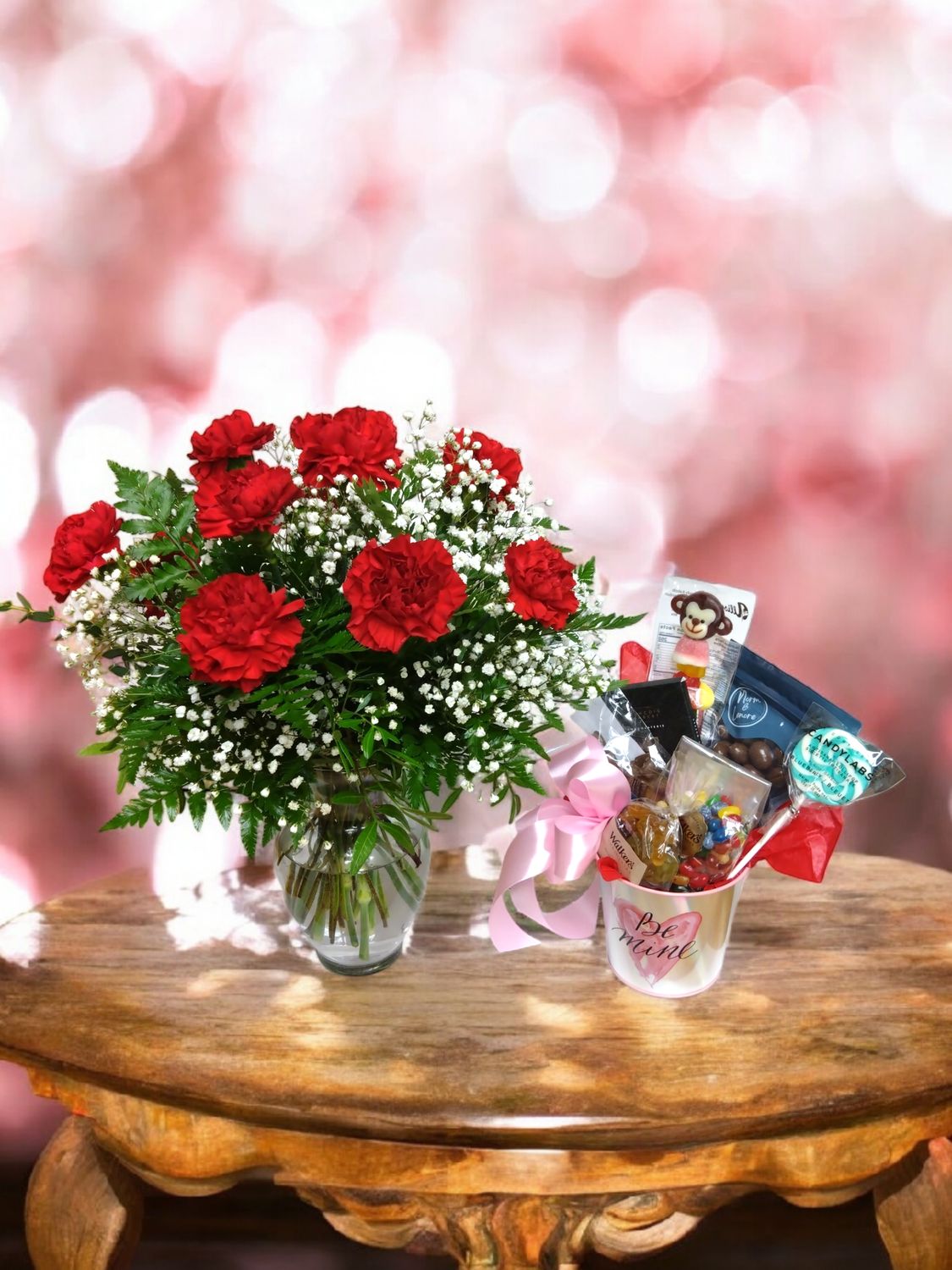 Be Mine Gift Basket and Flowers Combo