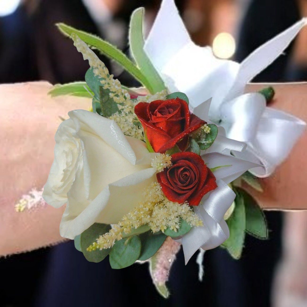 White and Red Roses Corsage