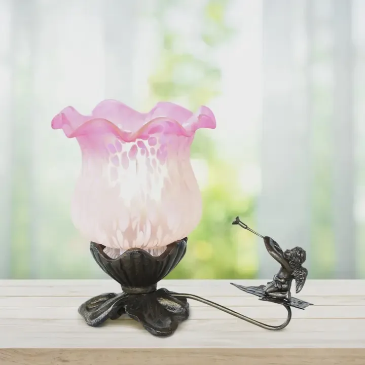 6"H Hand Painted Frosted Glass Cherub Tulip Accent Lamp
