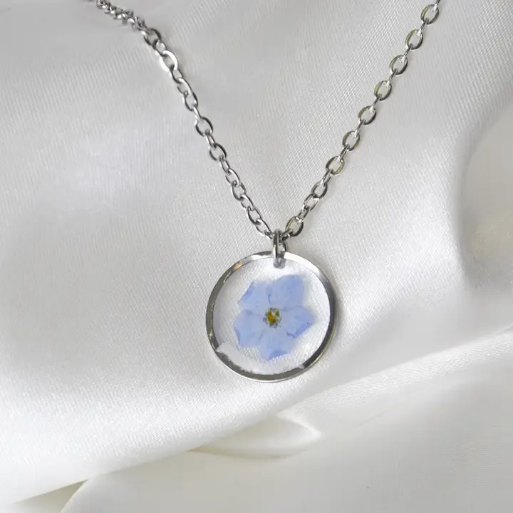 Forget Me Not Real Flower Necklace, Colour: Silver