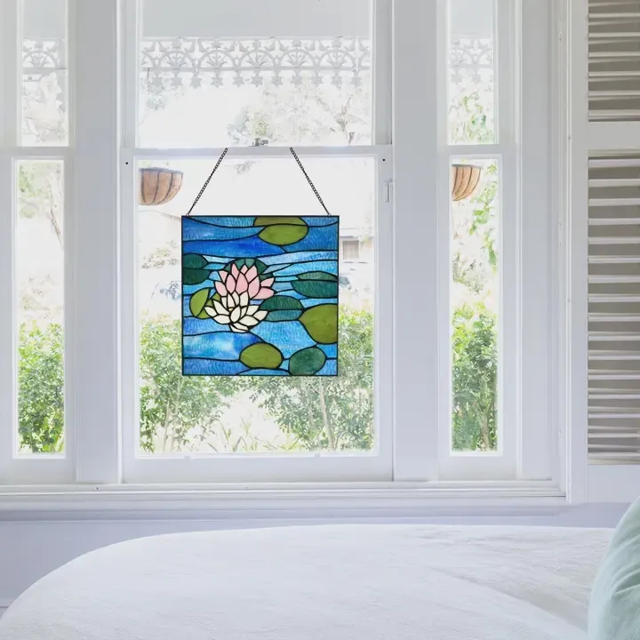 12"H Blue Lotus Pond Stained Glass Window Panel