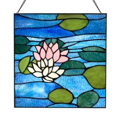 12"H Blue Lotus Pond Stained Glass Window Panel