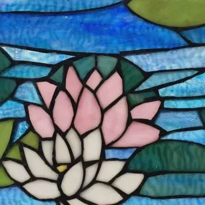 12"H Blue Lotus Pond Stained Glass Window Panel